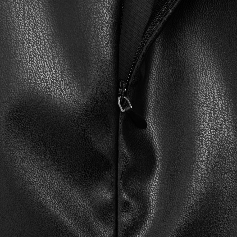 Ruched PU leather crewneck zip-up midi dress | Festival Outfits Women