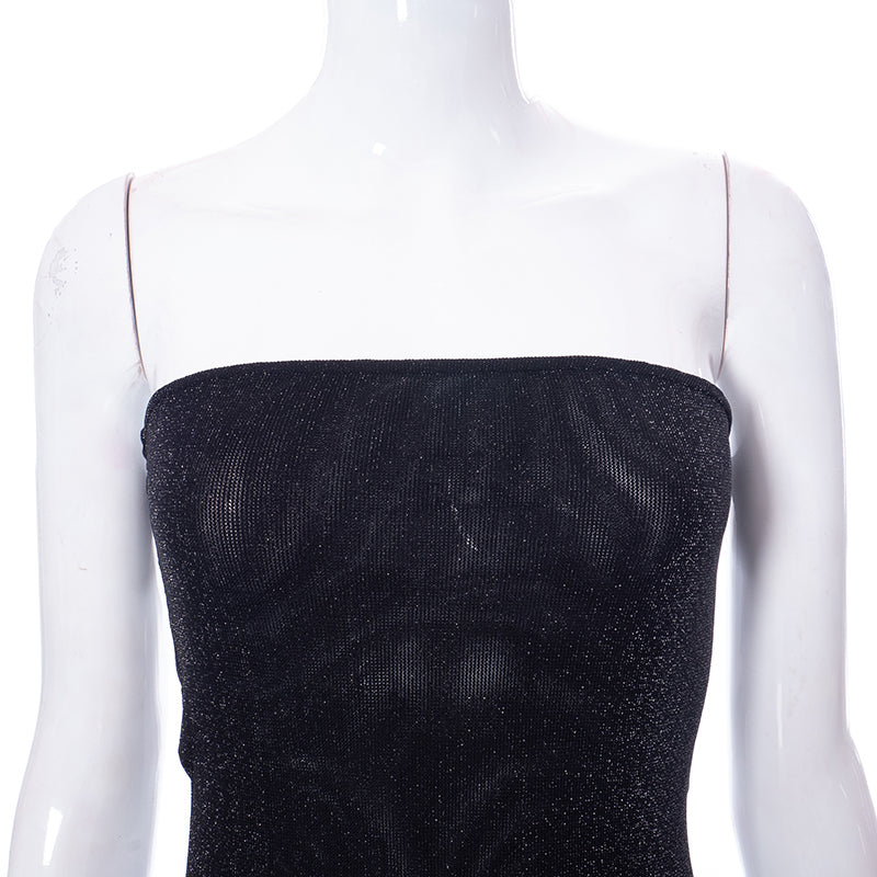 Voguable Mesh Off Shoulder Black Sleeveless Patchwork See Through Midi Dress Bodycon Holiday Party Outfits Y2K
