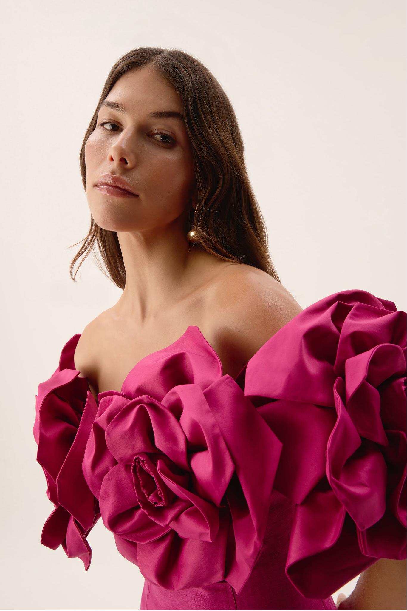 3D Flower Solid Off-Shoulder Midi Dress