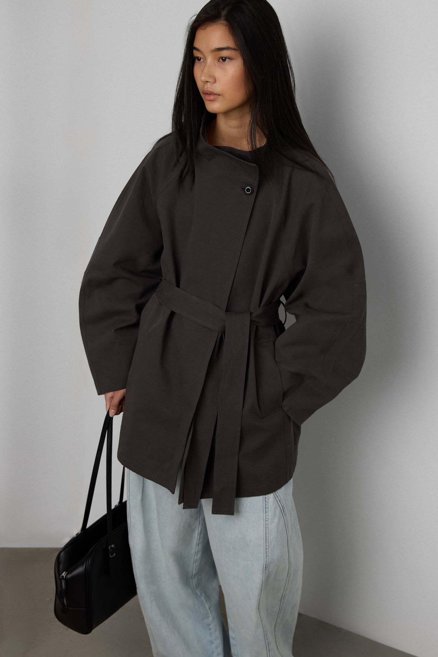 BELTED FUNNEL NECK JACKET
