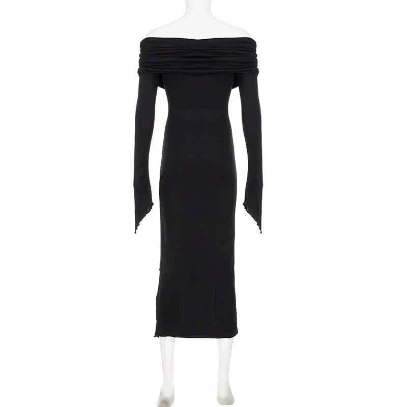 French Elegant Off Shoulder Midi Dress Y2K Black Gothic Irregular Split Long Sleeve Dress Ladies Beach Slim Party Vestidos