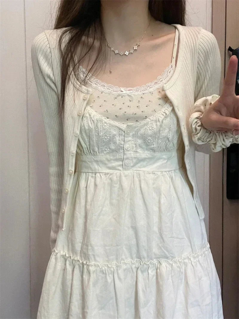 Voguable Vintage Girls y2k Sweet Cascading Yellow Dress Ladies Soft Cotton Cute Midi Dresses for Chic Outfits