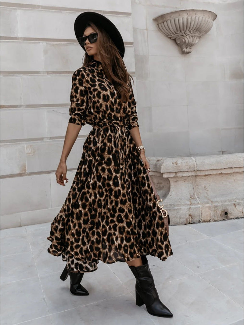 Women Autumn And Winter Long Sleeve Leopard Printed Casual Midi Dress