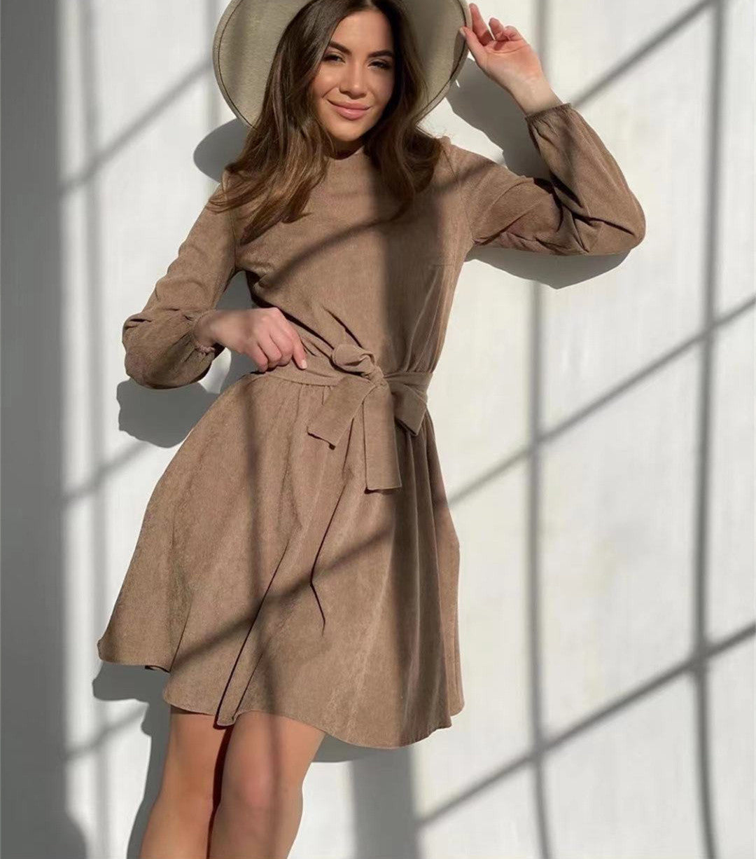 Women Tie-Up Mid-Length Casual Solid Long-Sleeved Pullover Elegant Midi Dress