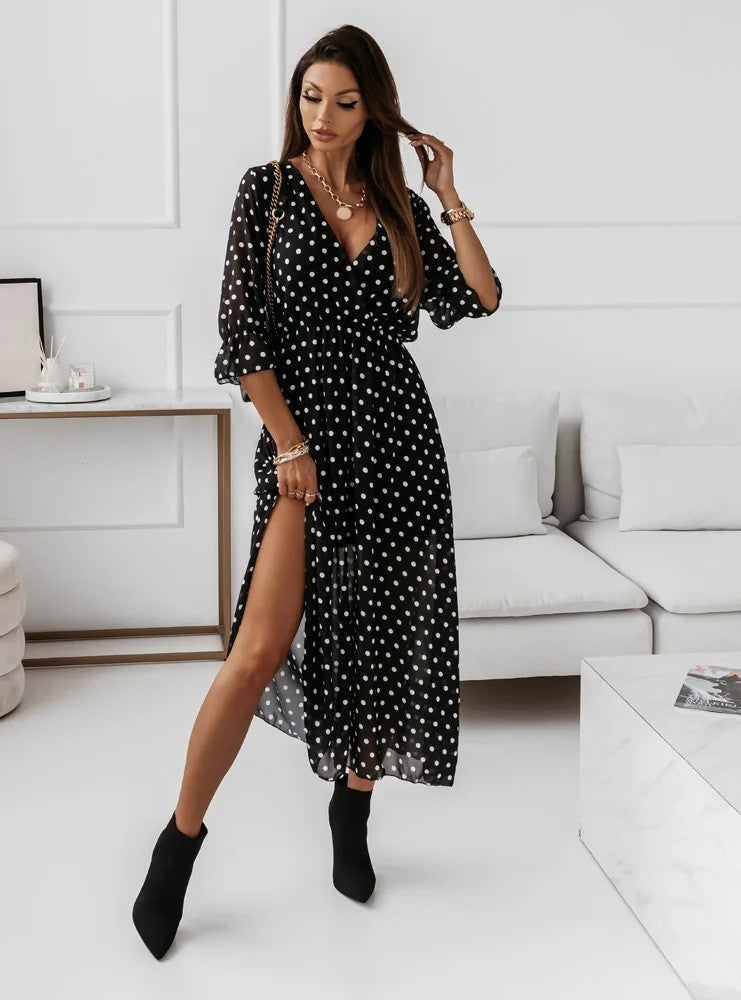 Women Fashion Elegant Casual V-Neck Slim Side Slit Chiffon Floral Print Midi Dress
