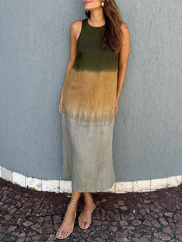 Women Summer Casual Cotton Linen Sleeveless Side Slit Gradient Color Midi Dress