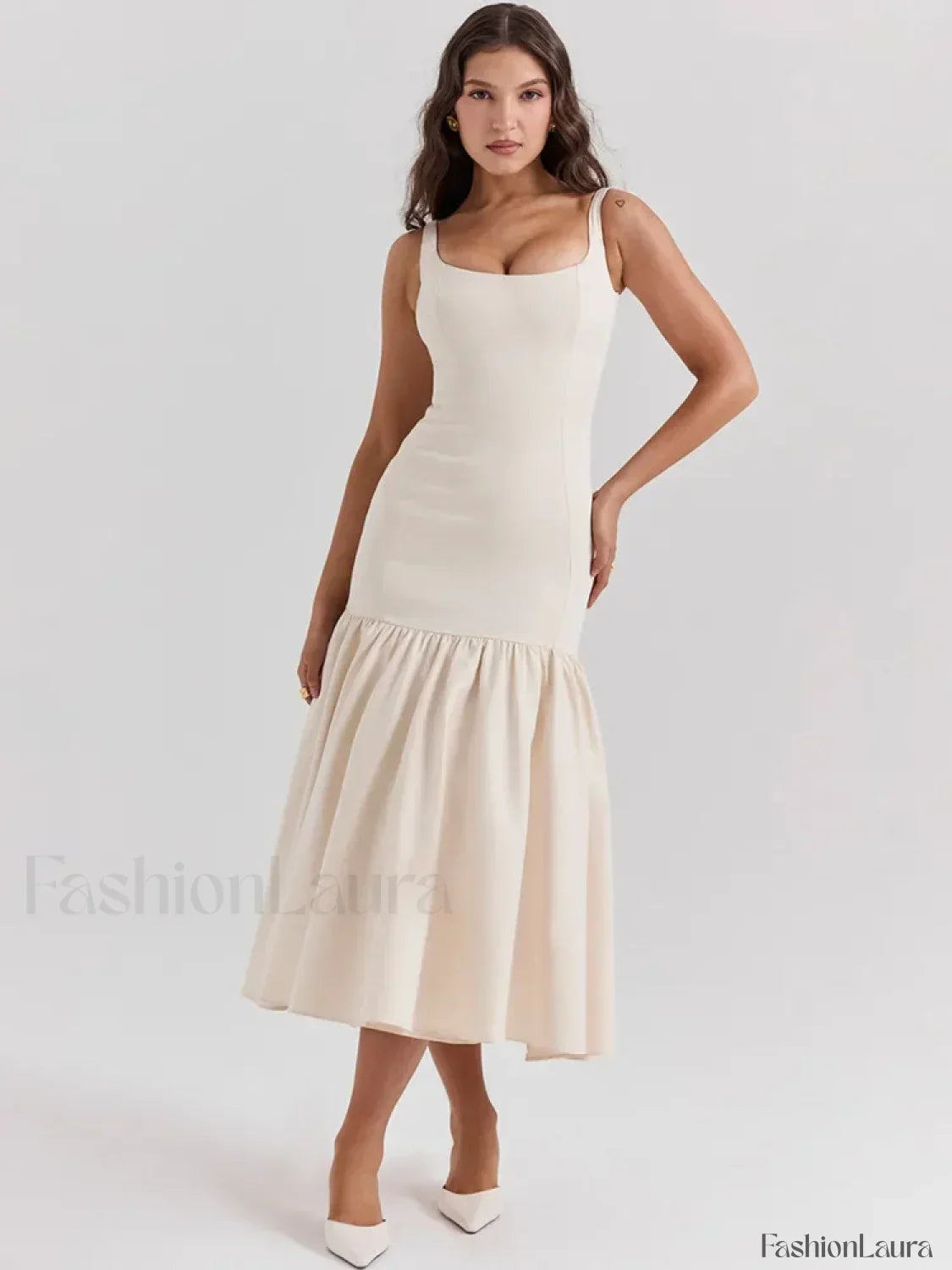 Fishtail Square-Collar Midi Dress