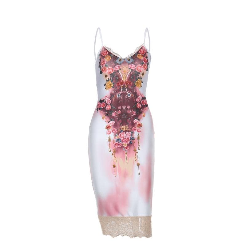 Lace hem flower print v neck cami midi dress | Festival Outfits Women