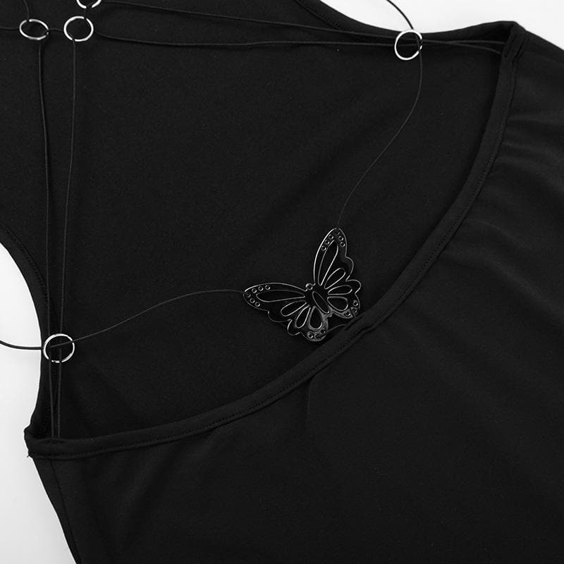 High neck o ring butterfly applique backless slit midi dress | Festival Outfits Women