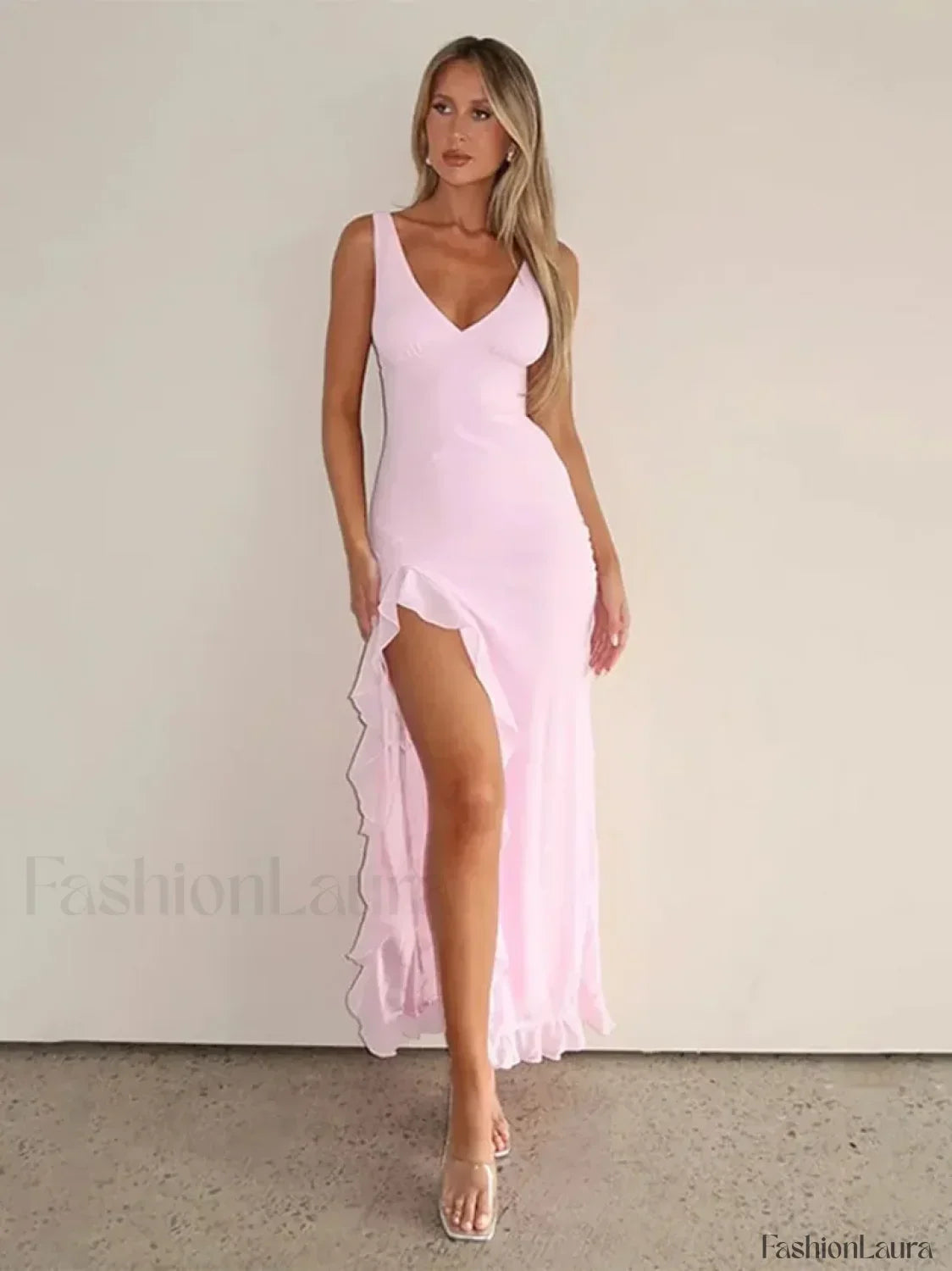 Pink Strappy Slit Midi Dress