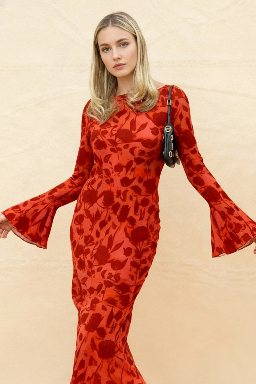 Fashion Print Fitted Crew Neck Maxi Dress