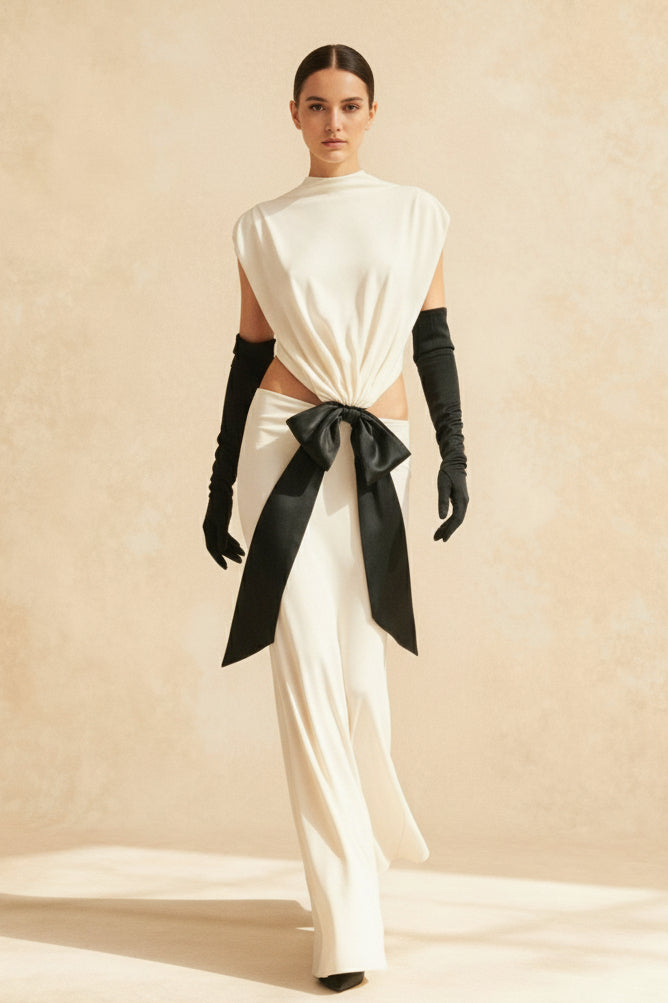 Bows Tassel Pleated Waistless Maxi Dress