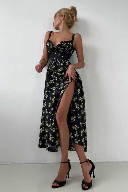 Floral Cami Tie High Waist Slit Midi Dress