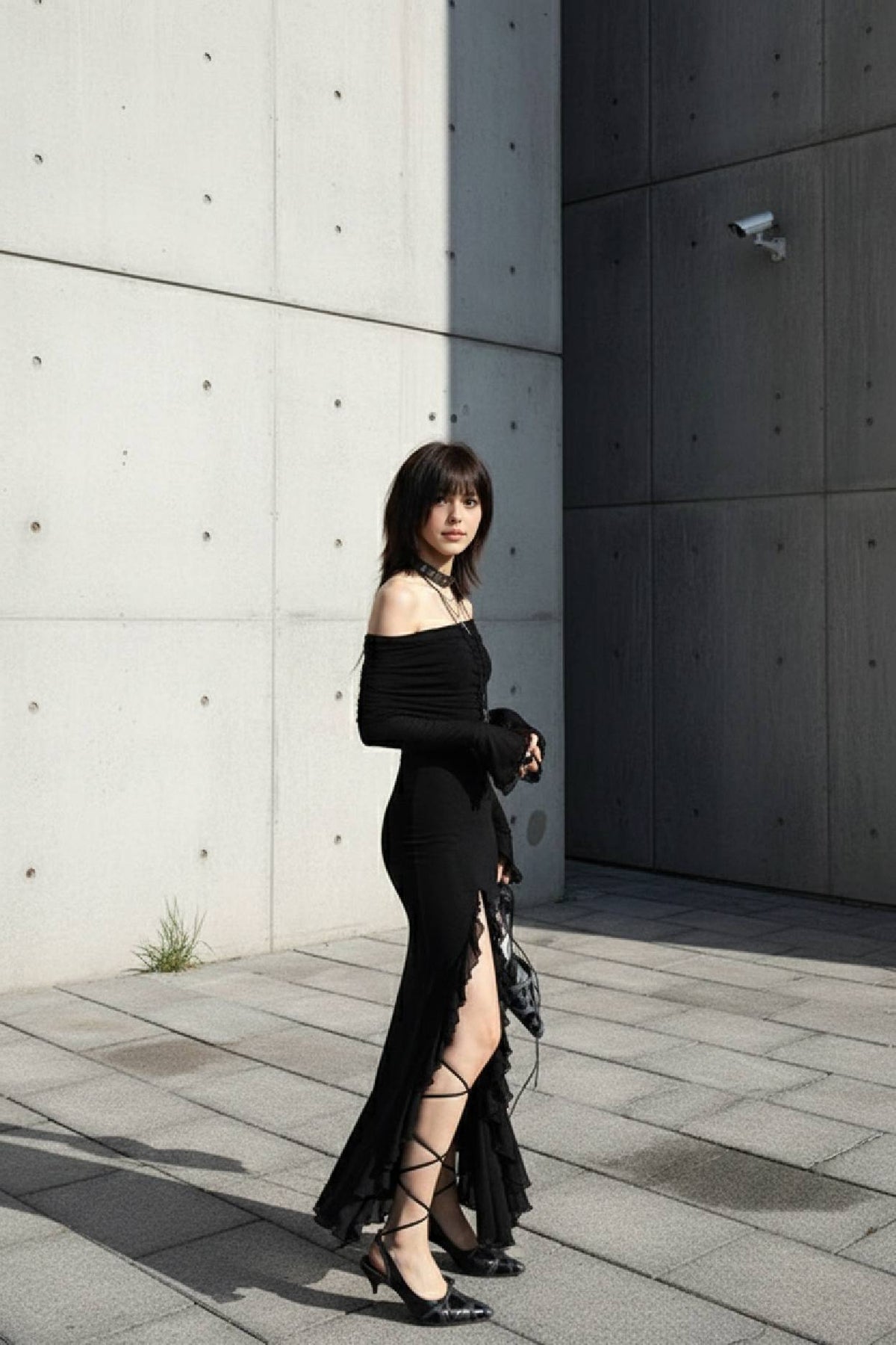 Fashionable Ruffle Hem Split Bodycon Maxi Dress