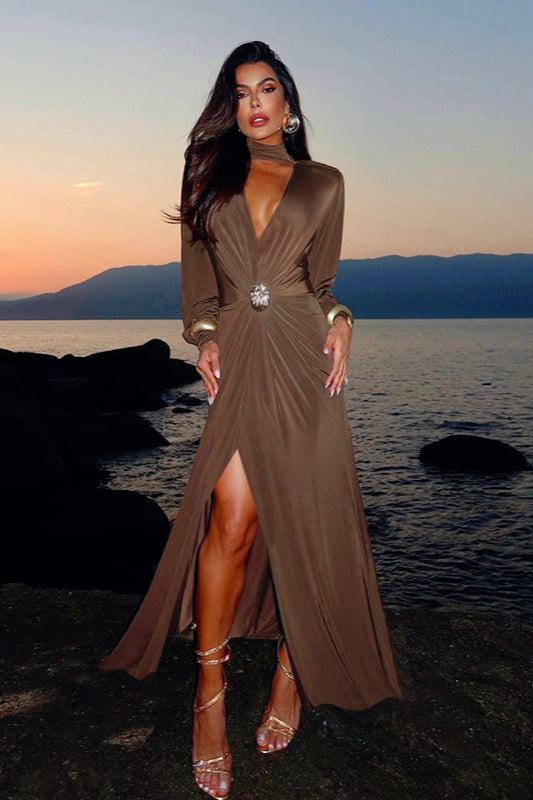 Ruched Maxi Dress with Deep Plunge Wrap