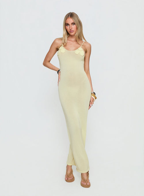 Cinderella Knit Floral Detail Maxi Dress Lemon Yellow