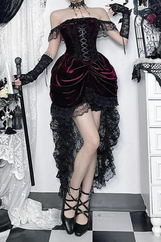 Elegant Dark Red Velvet Lace Midi Dress