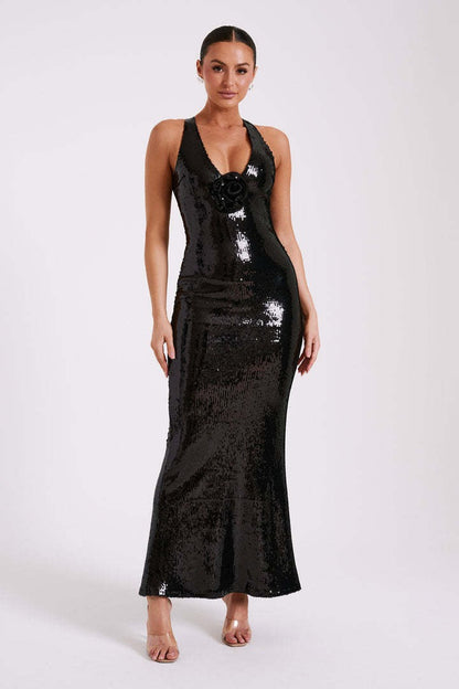 Backless Floral Sequin Maxi Dress
