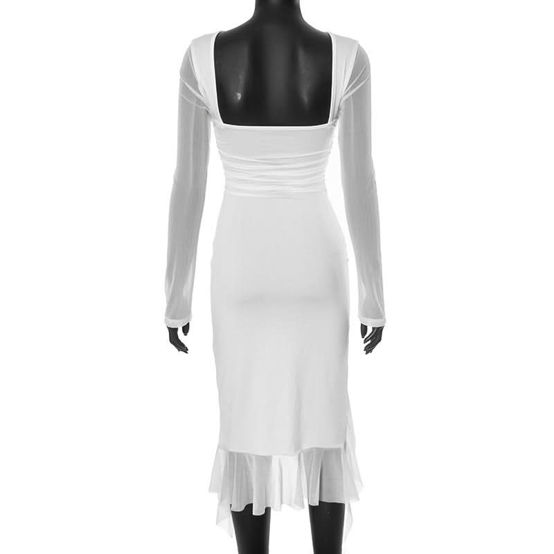 Long sleeve mesh patchwork ruffle midi dress  | Festival Outfits Women