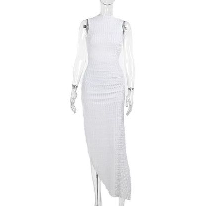 Hoodie Irregular slit crewneck ruched midi dress  | Festival Outfits Women