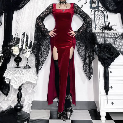 Long flared sleeve lace square neck slit midi dress  | Festival Outfits Women