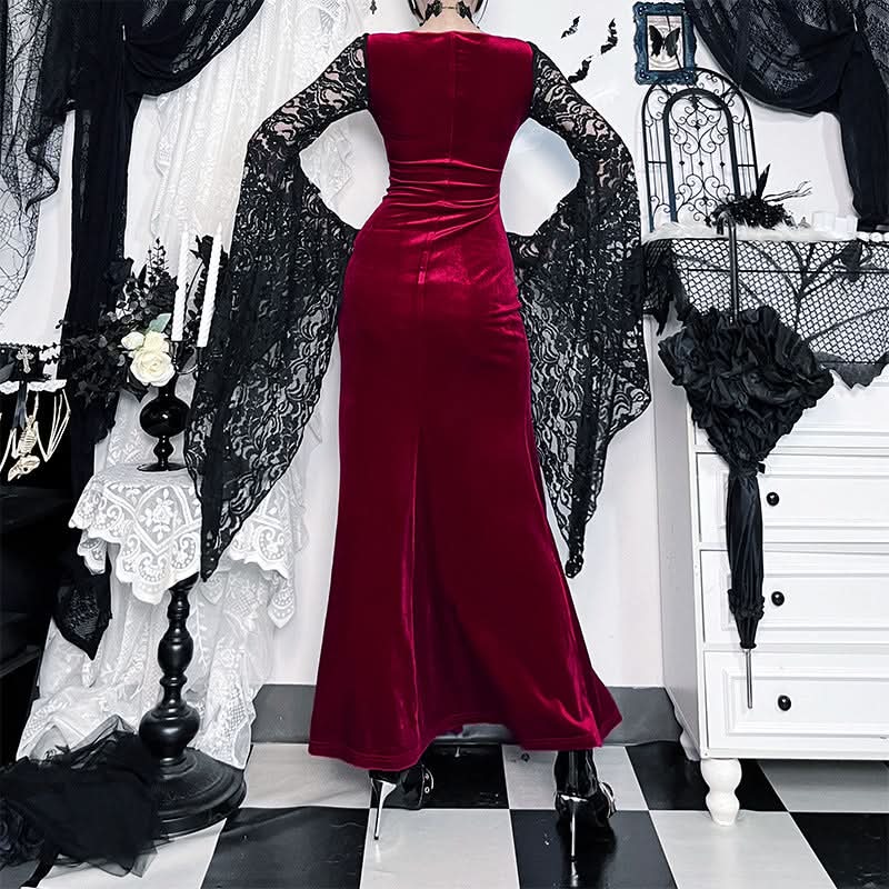 Long flared sleeve lace square neck slit midi dress  | Festival Outfits Women