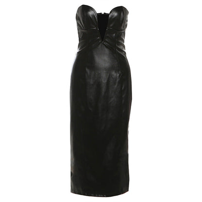 PU leather v neck low cut midi dress  | Festival Outfits Women