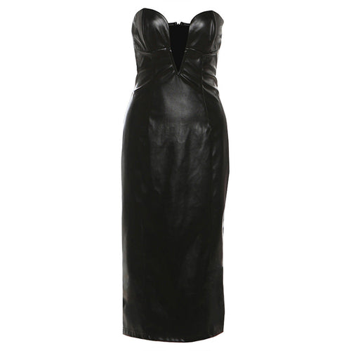 PU leather v neck low cut midi dress  | Festival Outfits Women
