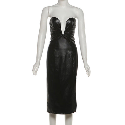 PU leather v neck low cut midi dress  | Festival Outfits Women