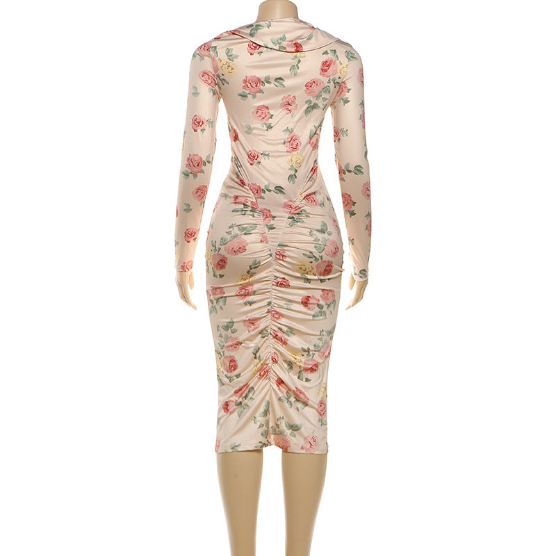 Long sleeve flower print ruched midi dress  | Festival Outfits Women