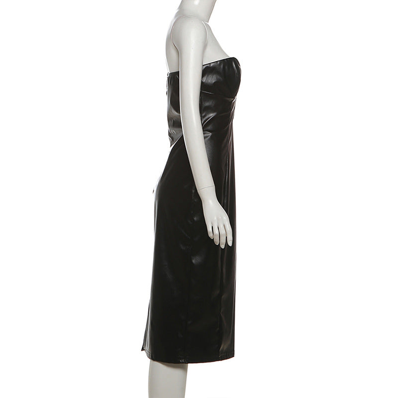 PU leather v neck low cut midi dress  | Festival Outfits Women