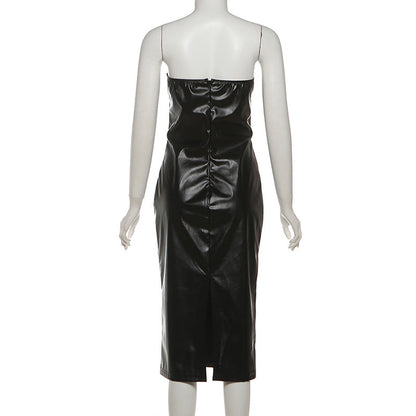 PU leather v neck low cut midi dress  | Festival Outfits Women