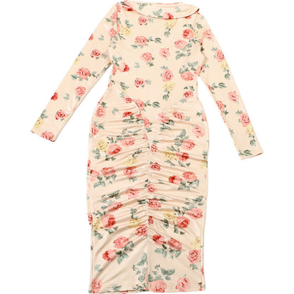 Long sleeve flower print ruched midi dress  | Festival Outfits Women