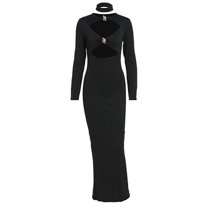 Long sleeve hollow out crewneck solid cut out midi dress  | Festival Outfits Women