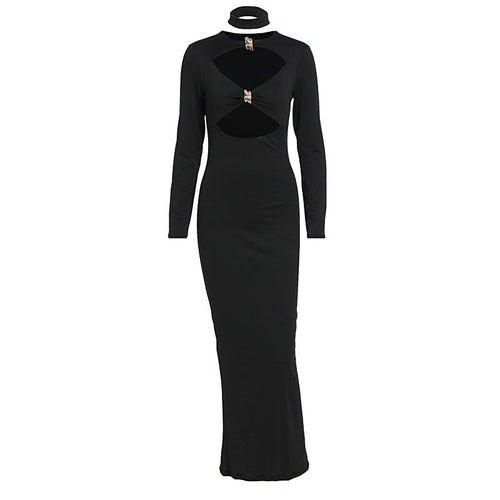 Long sleeve hollow out crewneck solid cut out midi dress  | Festival Outfits Women