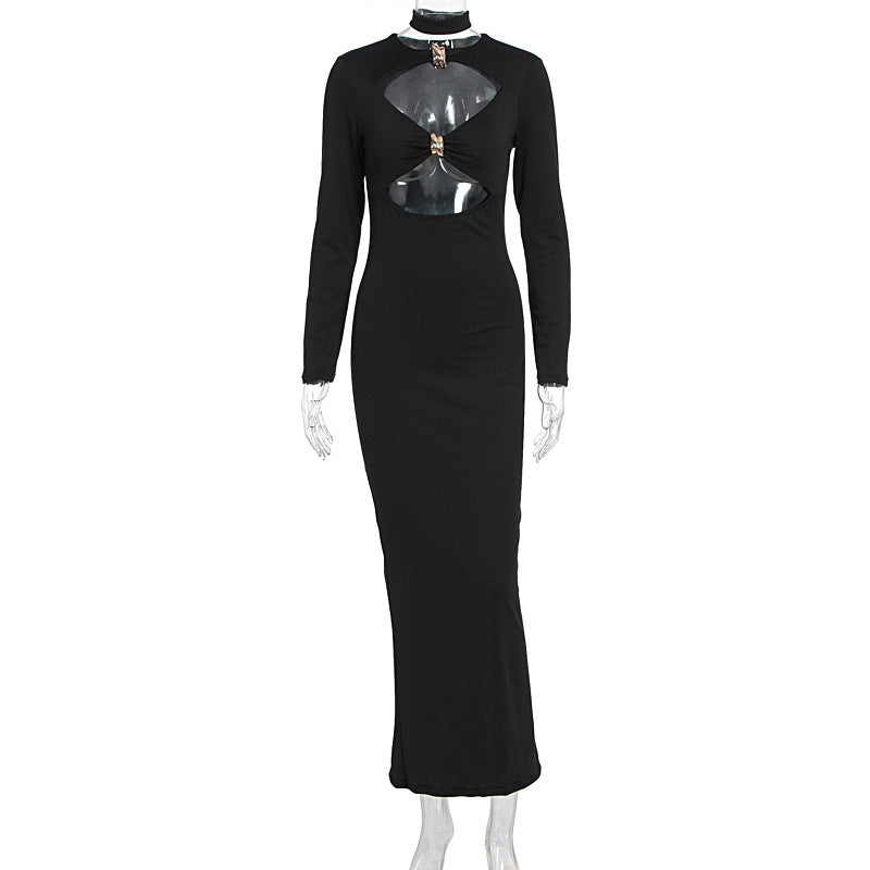 Long sleeve hollow out crewneck solid cut out midi dress  | Festival Outfits Women