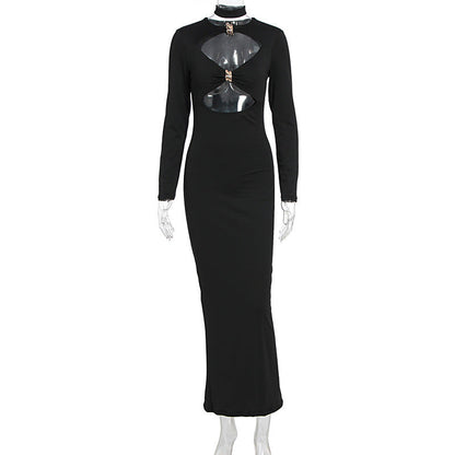 Long sleeve hollow out crewneck solid cut out midi dress  | Festival Outfits Women