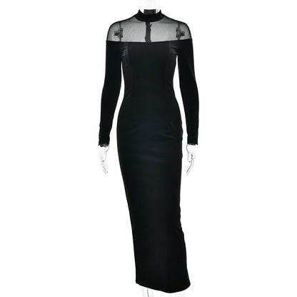 Long sleeve mesh zip-up crewneck midi dress  | Festival Outfits Women