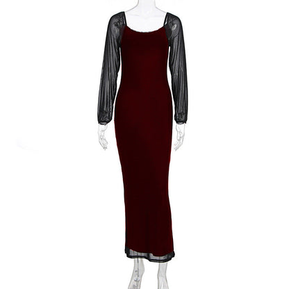 U neck long sleeve mesh slit midi dress  | Festival Outfits Women