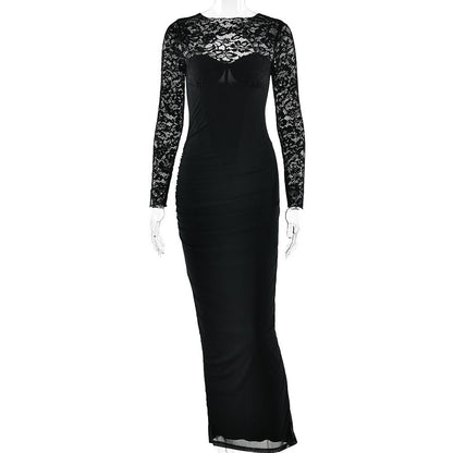 Crewneck long sleeve lace slit solid midi dress  | Festival Outfits Women