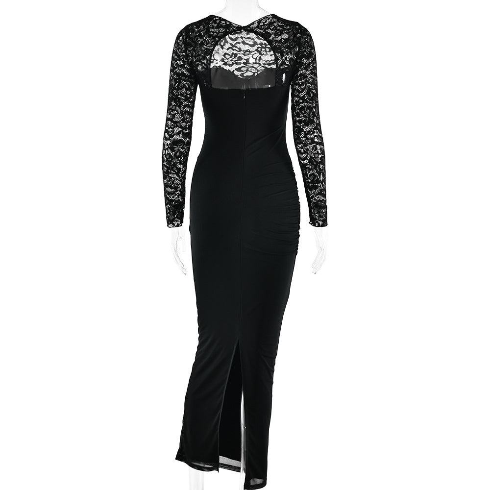 Crewneck long sleeve lace slit solid midi dress  | Festival Outfits Women