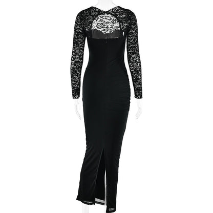 Crewneck long sleeve lace slit solid midi dress  | Festival Outfits Women