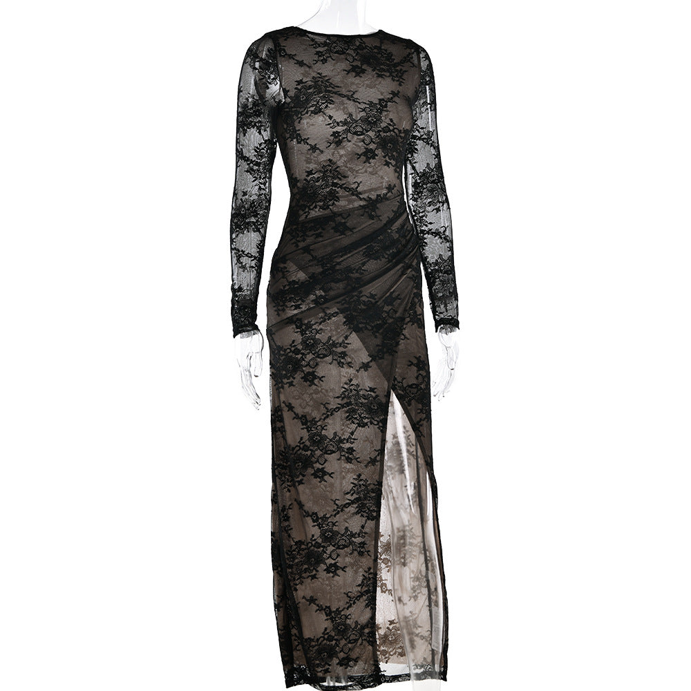 Lace long sleeve slit crewneck irregular midi dress  | Festival Outfits Women
