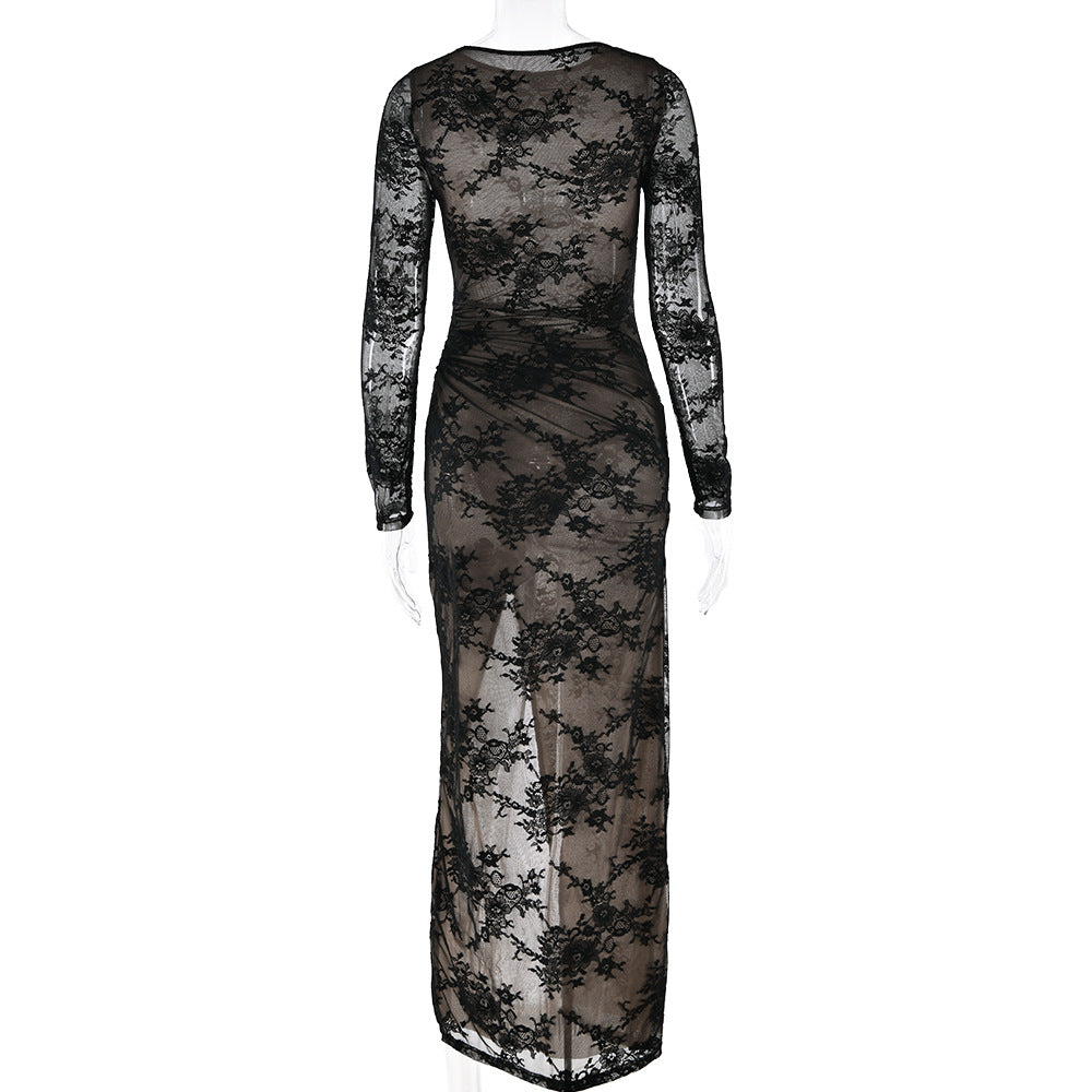 Lace long sleeve slit crewneck irregular midi dress  | Festival Outfits Women