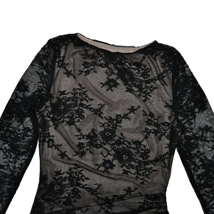 Lace long sleeve slit crewneck irregular midi dress  | Festival Outfits Women