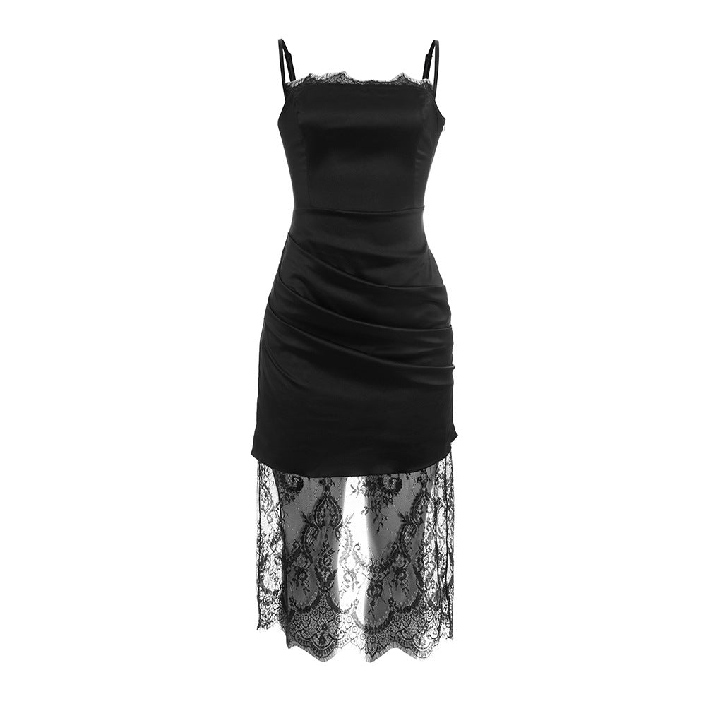 Lace hem pleated zip-up lace up satin midi dress  | Festival Outfits Women