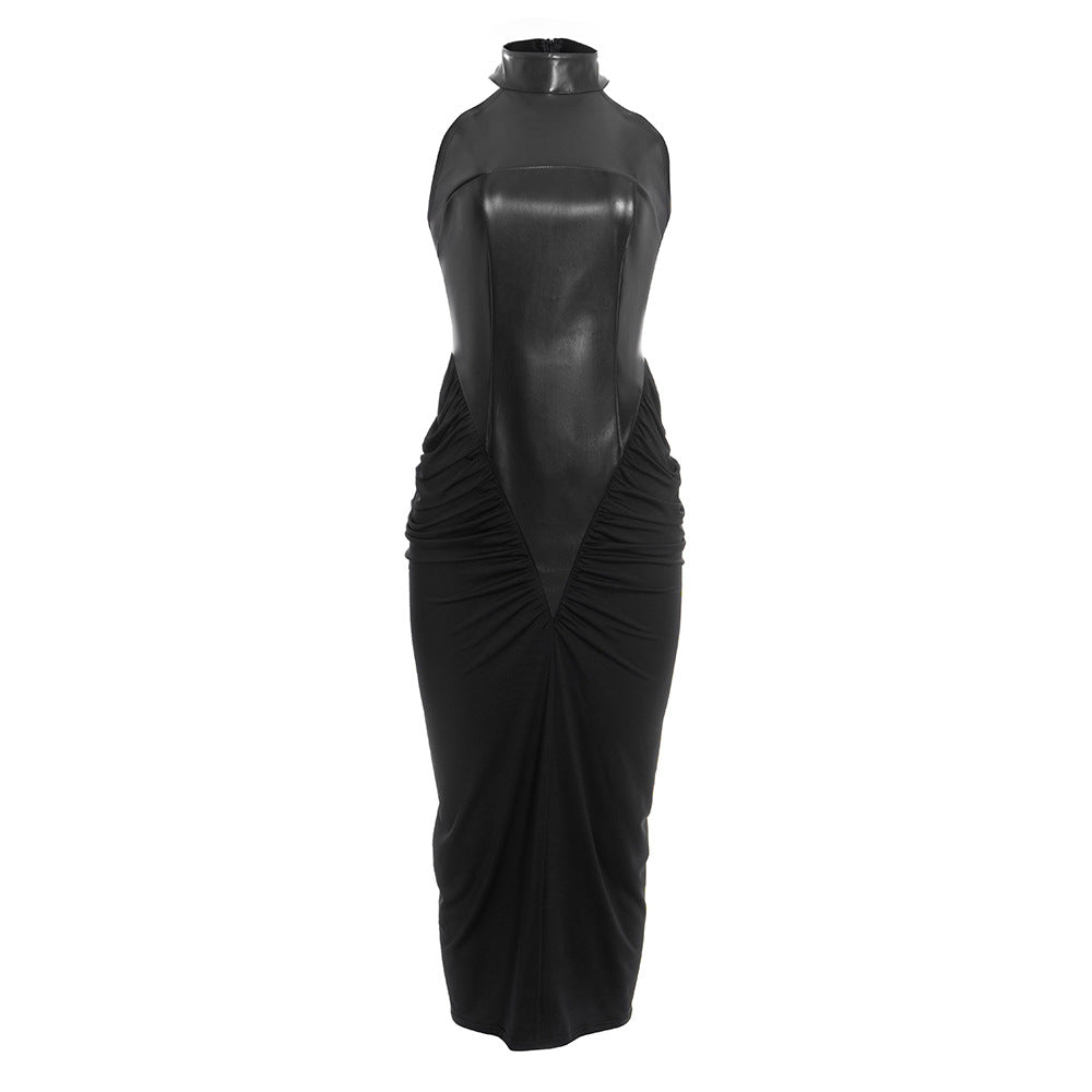 Ruched PU leather crewneck zip-up midi dress  | Festival Outfits Women