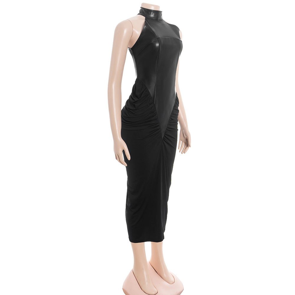Ruched PU leather crewneck zip-up midi dress  | Festival Outfits Women