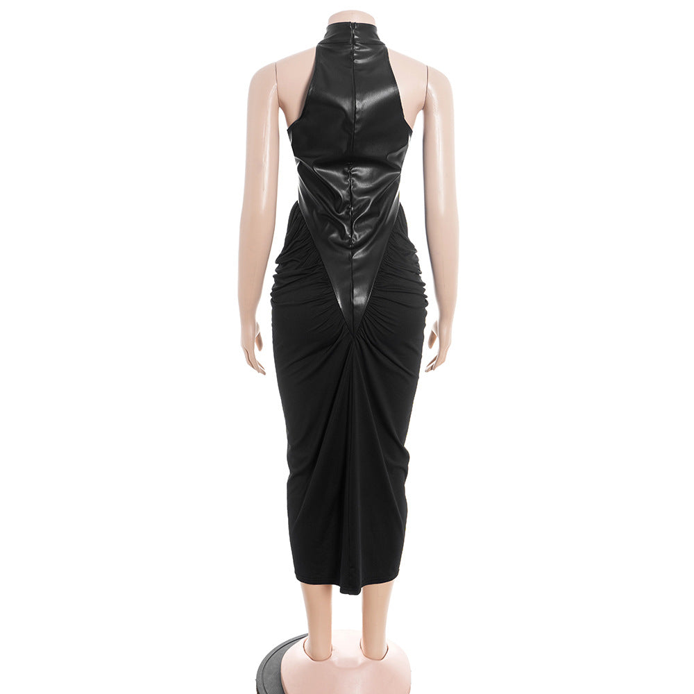 Ruched PU leather crewneck zip-up midi dress  | Festival Outfits Women