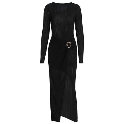 Long sleeve slit ruched irregular midi dress  | Festival Outfits Women